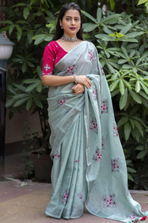 Mint Blue Light Weight Embroidered Linen Saree 