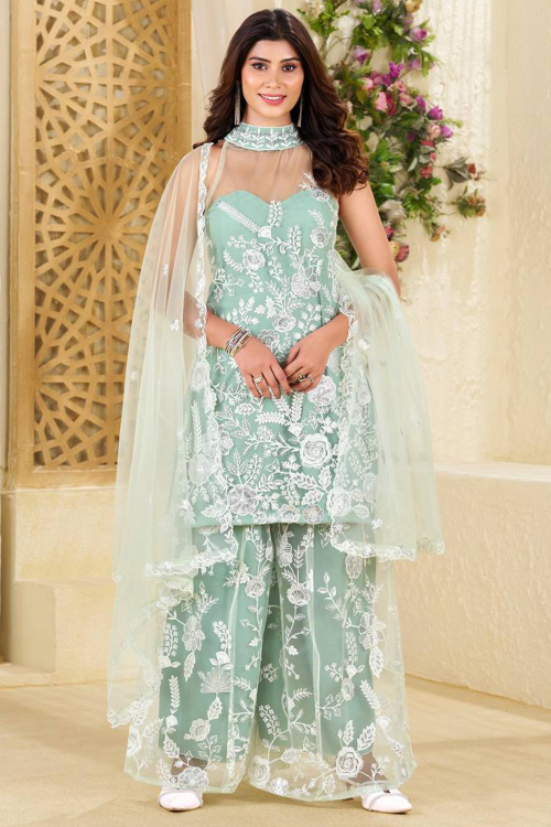 Mint Blue Net Embroidered Straight Cut Palazzo Suit