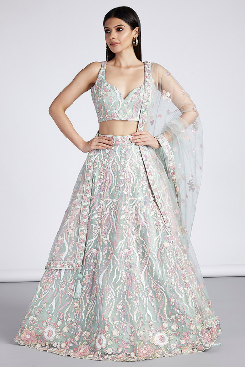 Mint Blue Net Embroidered Wedding Wear Lehenga