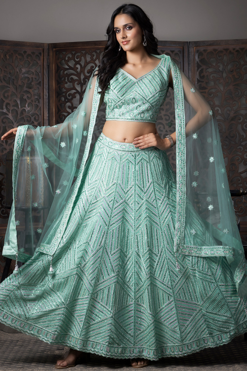Mint Blue Net Ready to Wear Lehenga With Sequins Work For Diwali