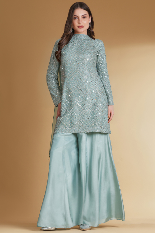 Eid 2026 Mint Blue Net Palazzo Suit with Stone Embroidery – Pakistani Festive Wear
