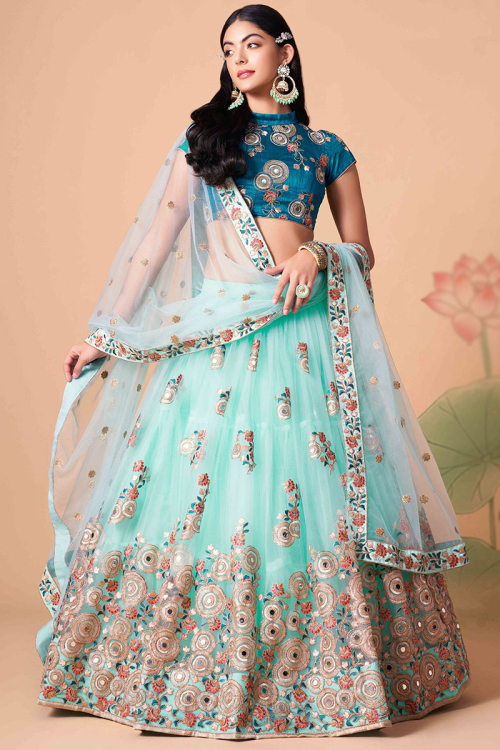 Mint Blue Net Resham Thread Embroidered Lehenga