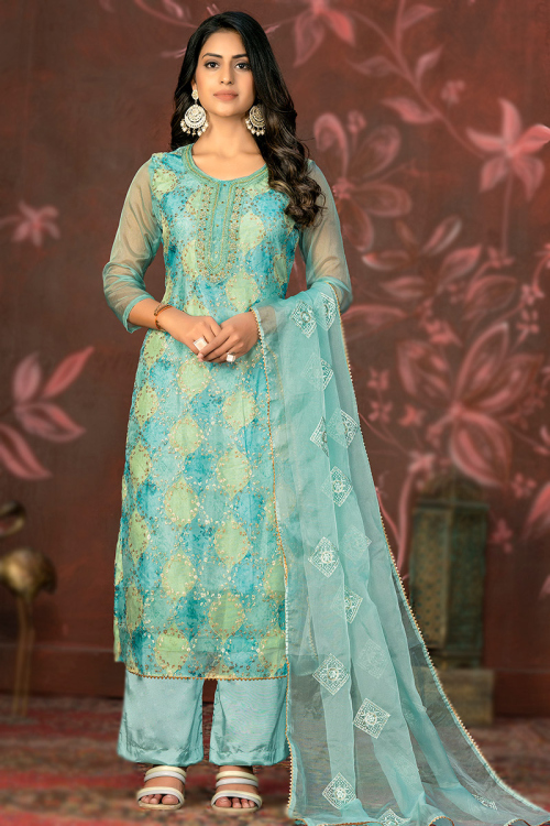 Mint Blue Organza Embroidered Straight Cut Suit