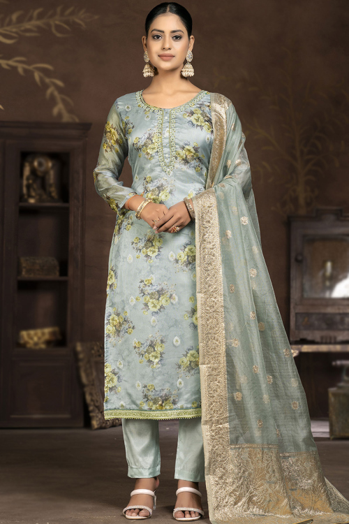 Mint Blue Organza Floral Print Straight Cut Trouser Suit