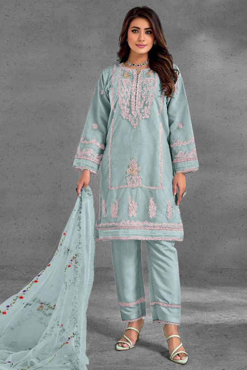 Mint Blue Organza Trouser Suit With Zari Work For Diwali