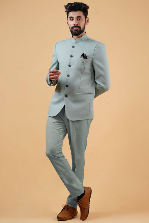 Mint Blue Plain Viscose Men's Jodhpuri Coat Pant