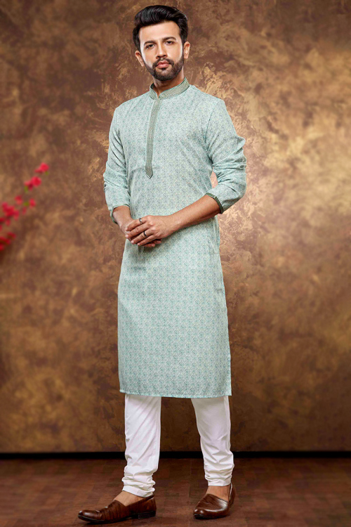 Mint Blue Poly Cotton Printed Straight Cut Men's Kurta Churidar 