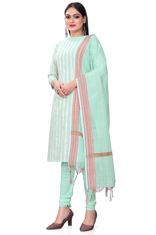 Mint Blue Printed Casual Wear Cotton Churidar Suit 