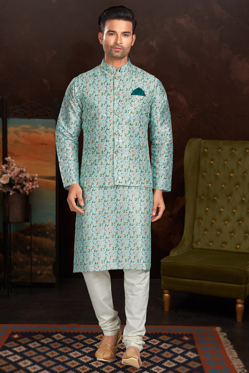 Mint Blue Printed Jacket Style Men's Kurta Churidar 