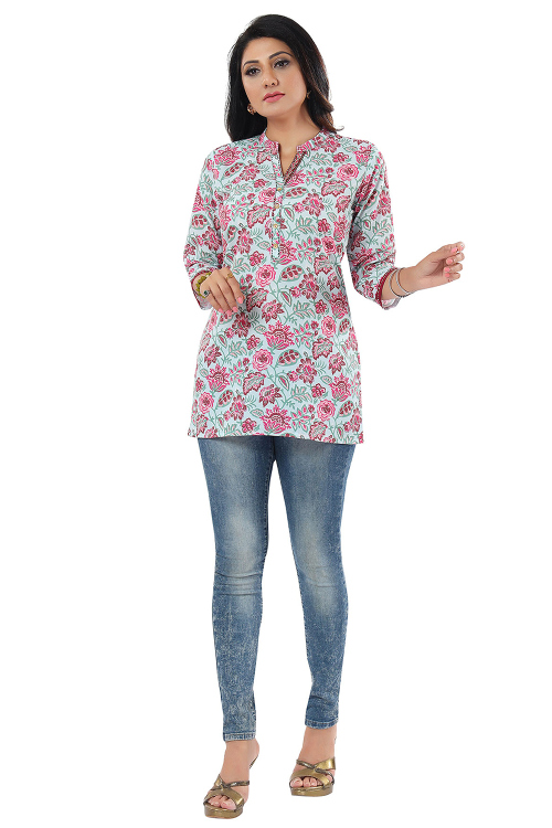 Mint Blue Rayon Printed Short Kurti 