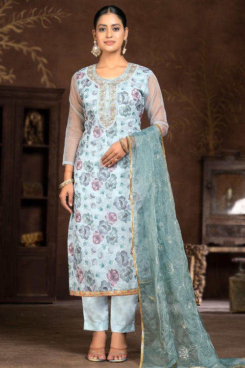 Mint Blue Resham Embroidered Organza Straight Cut Suit