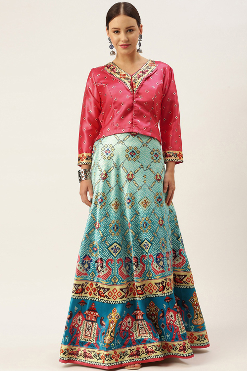 Mint Blue Satin Bandhej Print A Line Lehenga