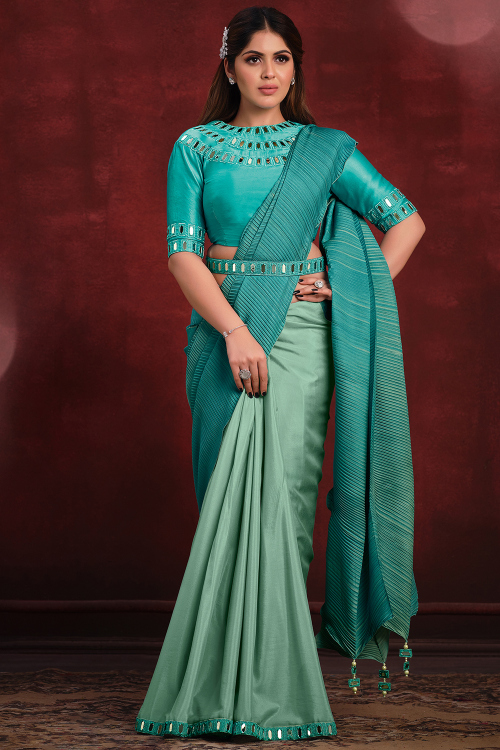 Mint Blue Satin Ready to Wear Saree with Mirror Work for Diwali & Weddings