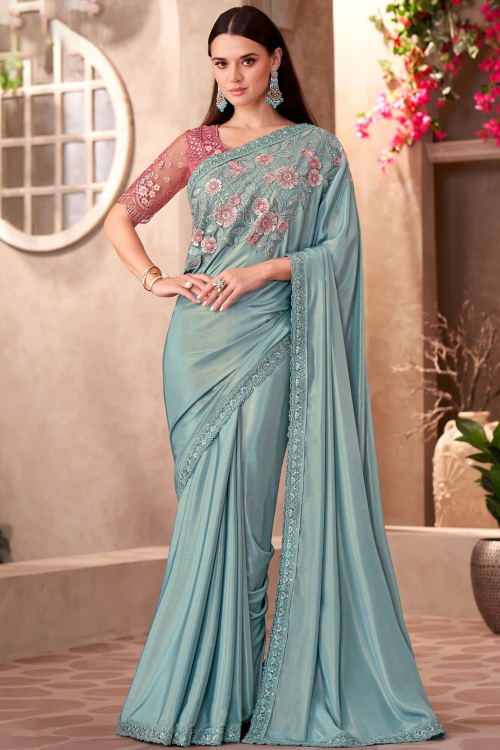 Mint Blue Satin Shimmer Saree With Sequins Work For Festival