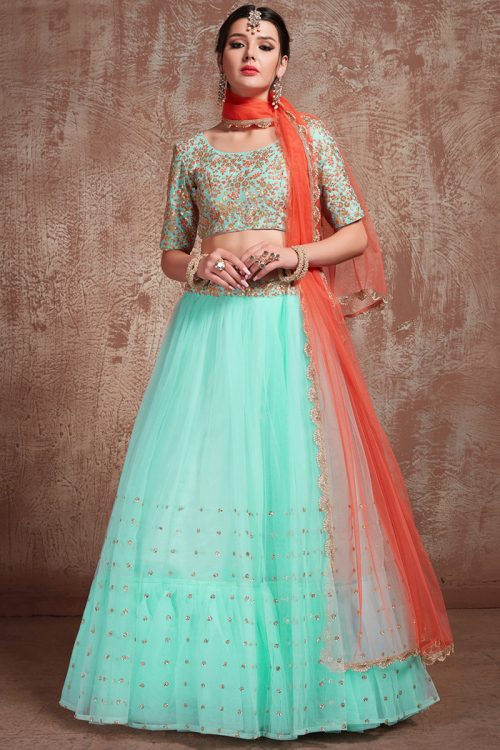 Mint Blue Sequins Embroidered Net Flared Style Lehenga 
