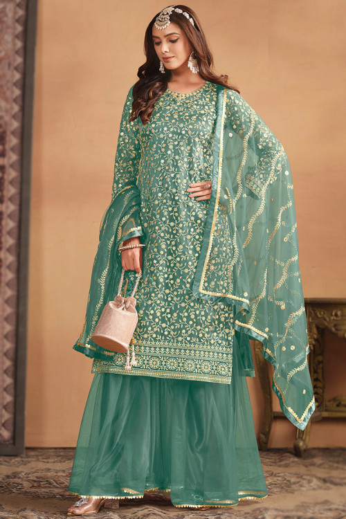Mint Blue Sequins Embroidered Net Sharara Suit For Sangeet 
