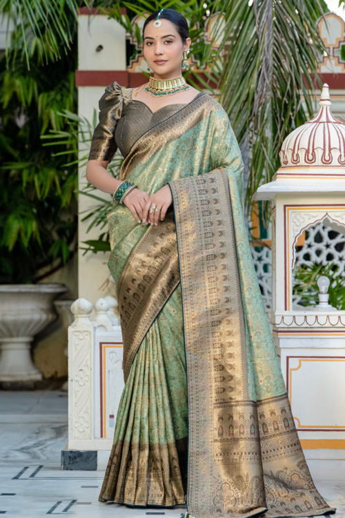 Mint Blue Silk Blend Weaved Broad Border Saree For Festival