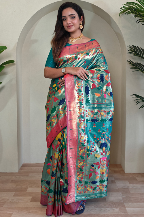 Mint Blue Silk Blend Weaved Paithani Saree 