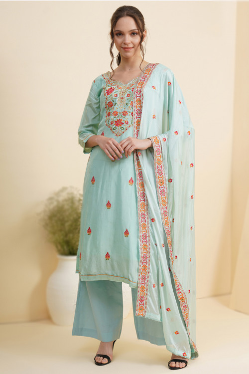 Mint Blue Silk Embroidered Straight Cut Palazzo Suit 
