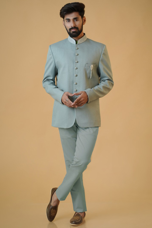 Mint Blue Silk Plain Jodhpuri Style Men's Coat Pant