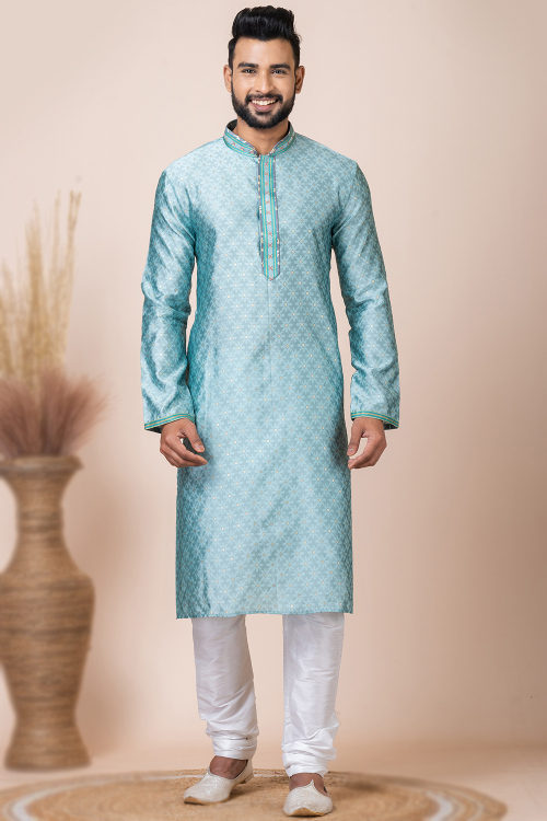 Mint Blue Silk Weaved Zari Men's Kurta Pajama For Sangeet 
