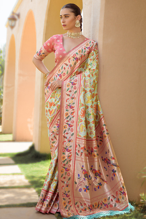 Mint Blue Silk Woven Zari Broad Border Saree 