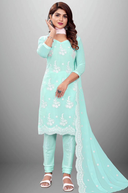 Mint Blue Thread Embroidered Georgette Casual Wear Churidar Suit