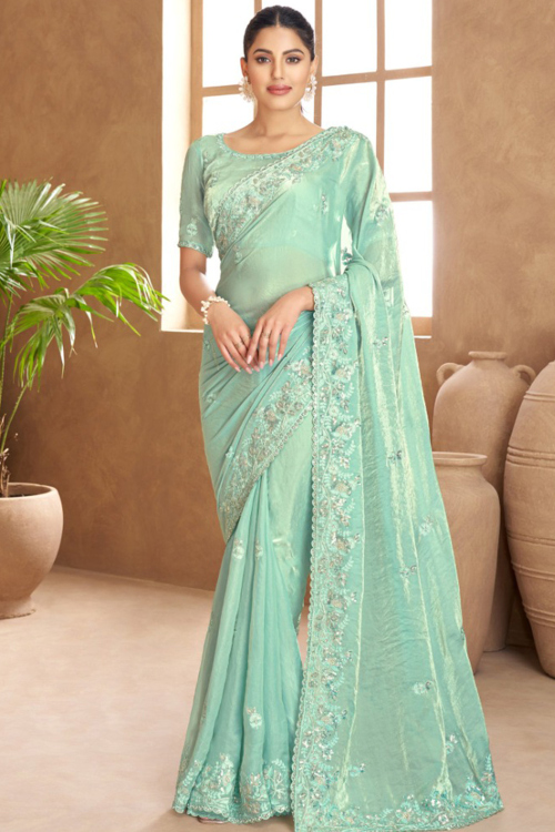 Mint Blue Tissue Embroidered Fancy Saree
