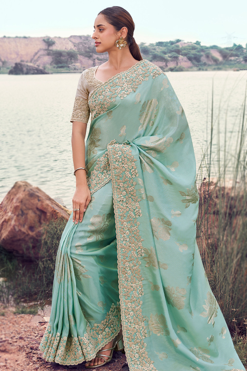 Mint Blue Tissue Silk Woven Zari Heavy Saree 