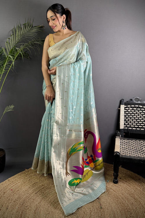 Mint Blue Tissue Weaved Paithani Saree