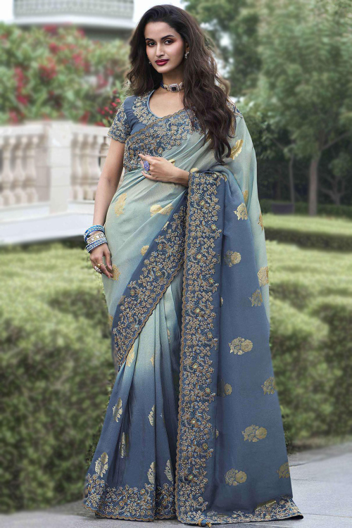 Mint Blue Viscose Silk Embroidered Ombre Saree