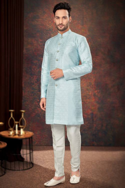 Mint Blue Weaved Thread Jacquard Men's Sherwani For Engagement 