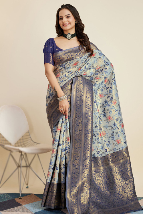 Mint Blue Weaved Zari Banarasi Silk Saree For Sangeet 