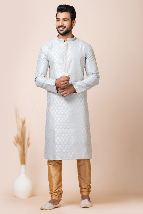 Mint Blue Weaved Zari Silk Men's Kurta With Churidar For Sangeet 