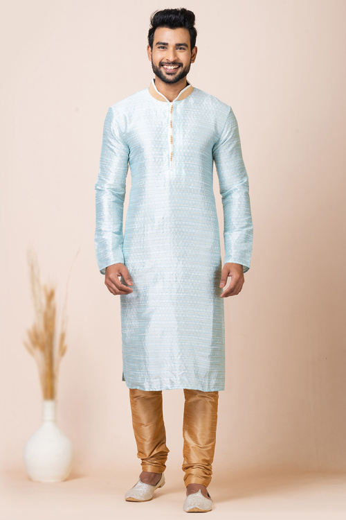 Mint Blue Weaved Zari Silk Traditional Men's Kurta With Churidar 