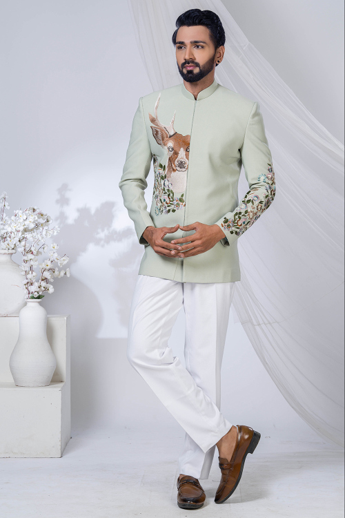 Mint Green Art Silk Jodhpuri Style Men's Sherwani With Sequins Work
