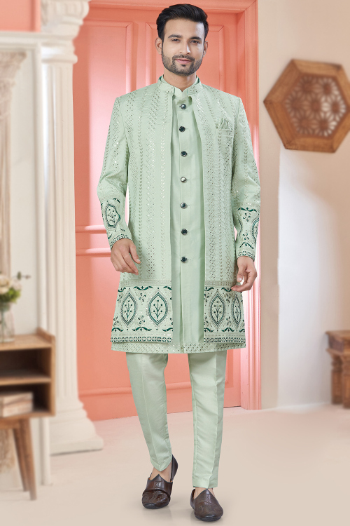 Mint Green Art Silk Sherwani With Embroidered Jacket For Weddings