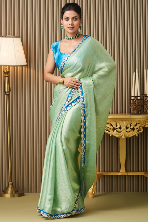 Mint Green Chiffon Regional Saree With Lace Embroidered