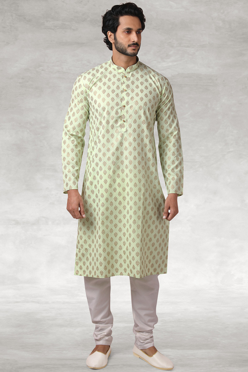 Mint Green Cotton Foil Print Men's Kurta With Churidar 