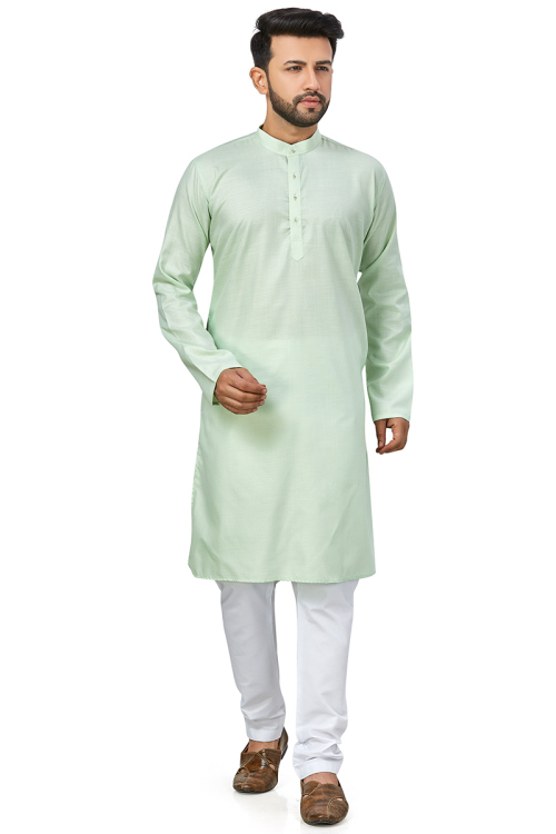 Mint Green Cotton Plain Men Kurta Pajama