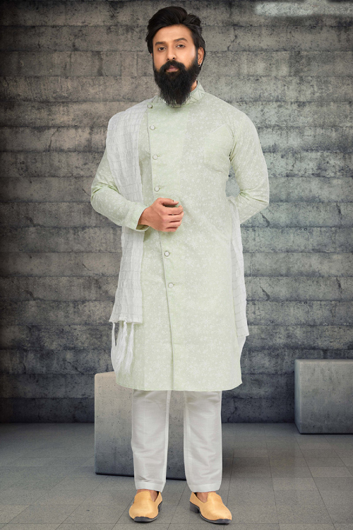 Mint Green Cotton Printed Men's Sherwani 