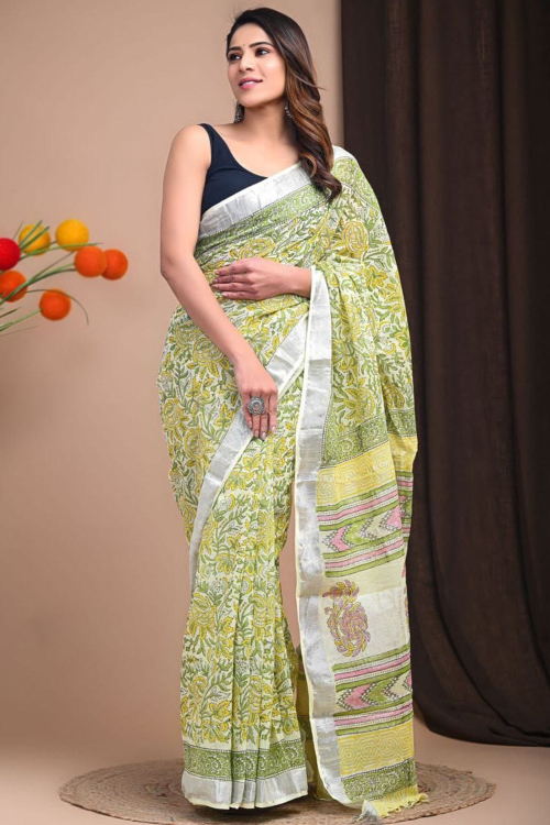 Mint Green Cotton Saree With Printed For Festival