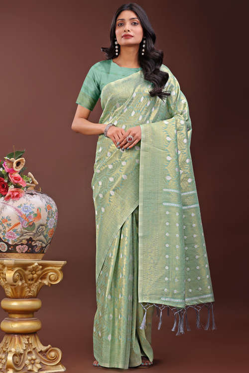 Mint Green Cotton Saree With Woven Zari Work For Festive Wear