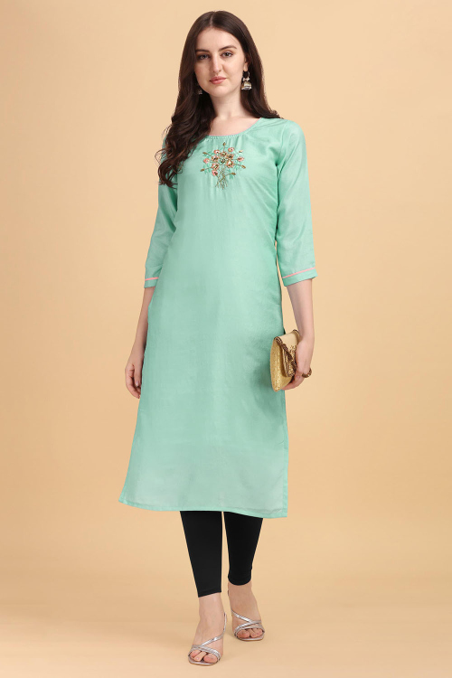 Mint Green Cotton Silk Kurti With Cutdana Work For Casual Wear