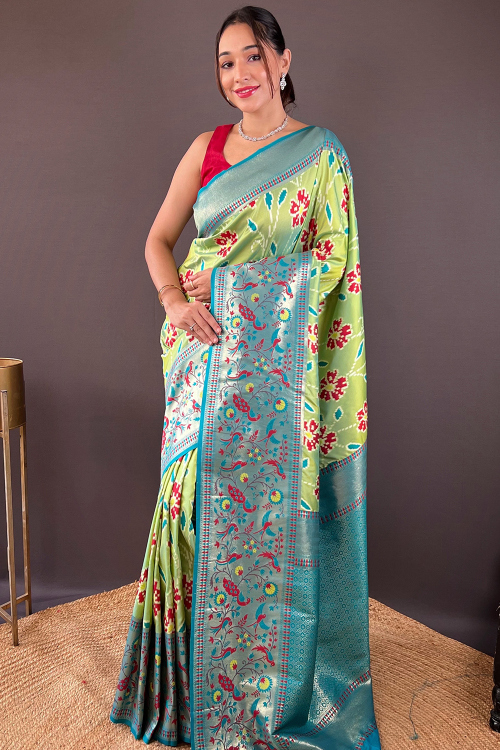 Mint Green Cotton Silk Weaved Broad Border Saree 