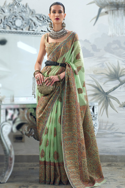 Mint Green Cotton Silk Weaved Thread Broad Border Saree 