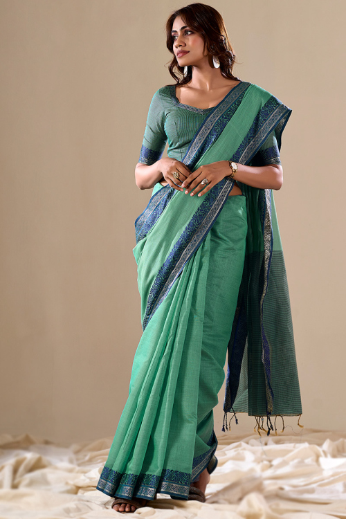 Mint Green Cotton Woven Zari light Weight Saree