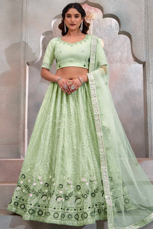 Mint Green Embroidered Net Flared Style Lehenga