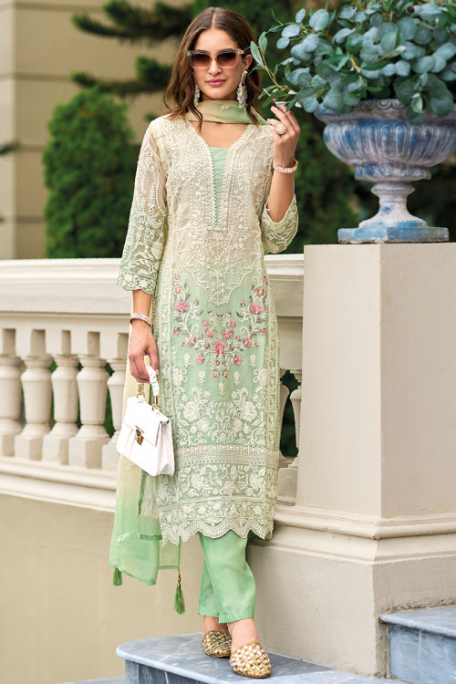 Mint Green Embroidered Organza Straight Cut Suit