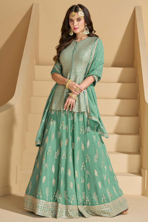 Mint Green Georgette A Line Lehenga With Zari Work